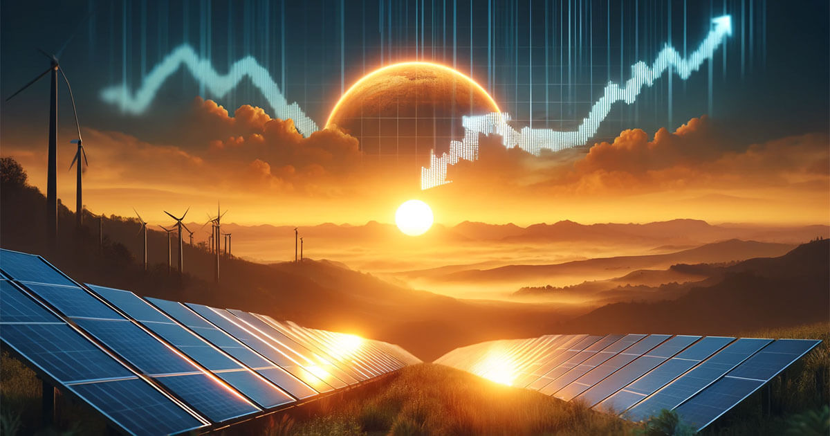 Paneles solares en primer plano con turbinas eólicas y una pintoresca puesta de sol al fondo, superpuesta por un gráfico digital que indica precios eléctricos o crecimiento económico.