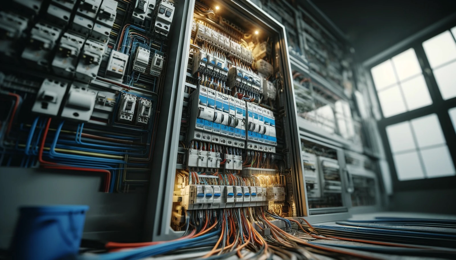 Un gran panel eléctrico con múltiples cables, disyuntores y fusibles está situado en una habitación con poca luz cerca de una ventana. El panel es abierto dejando al descubierto el cableado interconectado y los componentes del interior, cumpliendo con la normativa de Instalaciones Eléctricas en España.